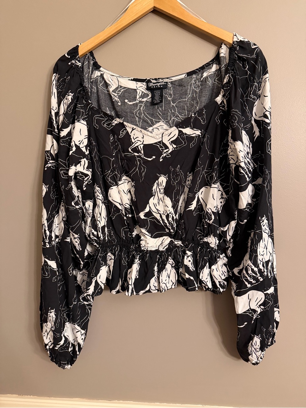 Wrangler Retro Black White Horse Print Smocked Balloon Sleeve Crop Top L Large